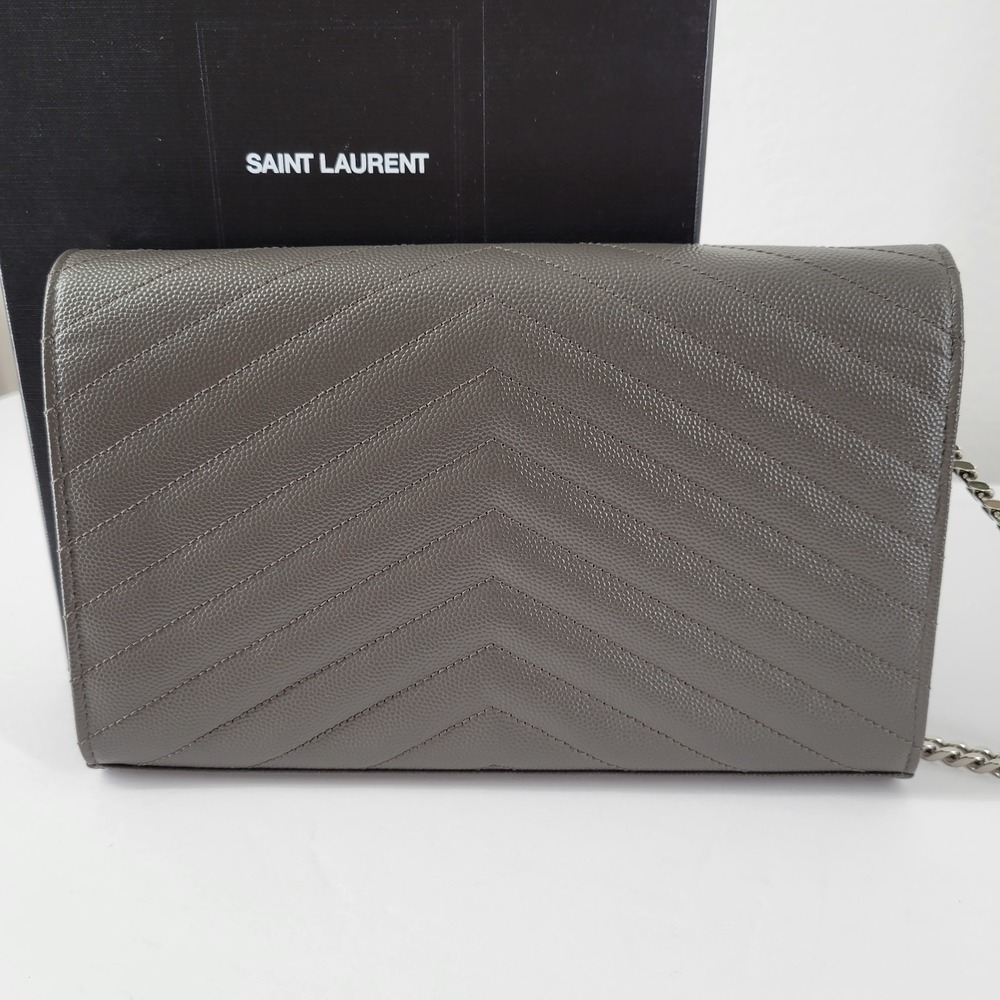 Saint Laurent Crossbody Bag Large Wallet on Chain‎ Gray YSL Monogram Cassandre - Picture 2 of 16